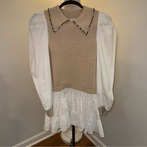 Queen of Sparkles Women’s XS Tan White Sparkly Mixed Media Sweater Mini Dress